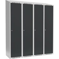 kaiserkraft Spind Fydor, 4 Abteile, lichtgrau / anthrazit, B 1200 mm, schräge Dachform, Zylinderschloss