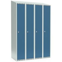 kaiserkraft Spind Fydor, 4 Abteile, lichtgrau / brillantblau, B 1200 mm, schräge Dachform, Vorhängeschloss