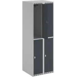 kaiserkraft Doppelstock-Spind Fydor, 2 Abteile, lichtgrau / anthrazit, B 600 mm, 2 Abteile, flache Dachform, Vorhängeschloss