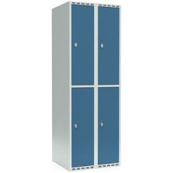 kaiserkraft Doppelstock-Spind Fydor, 2 Abteile, lichtgrau / brillantblau, B 600 mm, 2 Abteile, flache Dachform, Vorhängeschloss