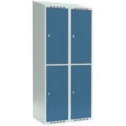 kaiserkraft Doppelstock-Spind Fydor, 2 Abteile, lichtgrau / brillantblau, B 800 mm, 2 Abteile, schräge Dachform, Vorhängeschloss