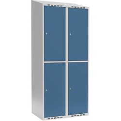kaiserkraft Doppelstock-Spind Fydor, 2 Abteile, lichtgrau / brillantblau, B 800 mm, 2 Abteile, schräge Dachform, Zylinderschloss