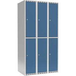 kaiserkraft Doppelstock-Spind Fydor, 3 Abteile, lichtgrau / brillantblau, B 900 mm, 3 Abteile, flache Dachform, Zylinderschloss
