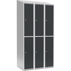 kaiserkraft Doppelstock-Spind Fydor, 3 Abteile, lichtgrau / anthrazit, B 900 mm, 3 Abteile, schräge Dachform, Zylinderschloss