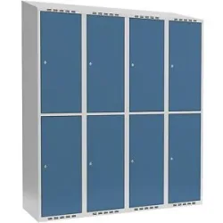 kaiserkraft Doppelstock-Spind Fydor, 4 Abteile, lichtgrau / brillantblau, B 1200 mm, 4 Abteile, schräge Dachform, Zylinderschloss