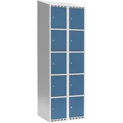 kaiserkraft 5er-Schließfachschrank Fydor, 2 Abteile, lichtgrau / brillantblau, B 600 mm, 2 Abteile, schräge Dachform, Zylinderschloss