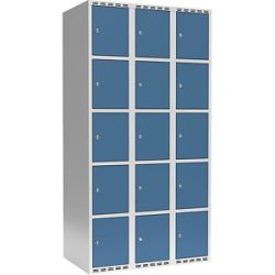 kaiserkraft 5er-Schließfachschrank Fydor, 3 Abteile, lichtgrau / brillantblau, B 900 mm, 3 Abteile, flache Dachform, Zylinderschloss