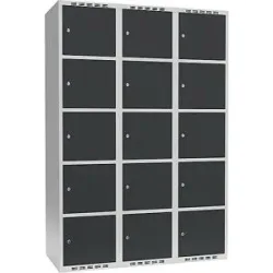 kaiserkraft 5er-Schließfachschrank Fydor, 3 Abteile, lichtgrau / anthrazit, B 1200 mm, 3 Abteile, flache Dachform, Zylinderschloss