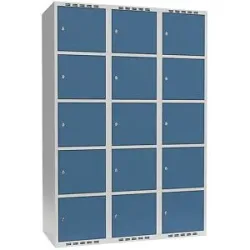 kaiserkraft 5er-Schließfachschrank Fydor, 3 Abteile, lichtgrau / brillantblau, B 1200 mm, 3 Abteile, flache Dachform, Zylinderschloss