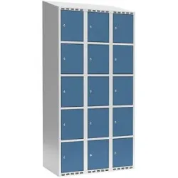 kaiserkraft 5er-Schließfachschrank Fydor, 3 Abteile, lichtgrau / brillantblau, B 900 mm, 3 Abteile, schräge Dachform, Zylinderschloss