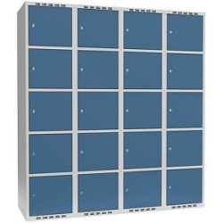 kaiserkraft 5er-Schließfachschrank Fydor, 4 Abteile, lichtgrau / brillantblau, B 1200 mm, 4 Abteile, flache Dachform, Zylinderschloss