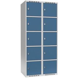 kaiserkraft 5er-Schließfachschrank Fydor, 2 Abteile, lichtgrau / brillantblau, B 800 mm, 2 Abteile, flache Dachform, Vorhängeschloss