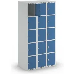kaiserkraft 5er-Schließfachschrank Fydor, 3 Abteile, lichtgrau / brillantblau, B 900 mm, 3 Abteile, flache Dachform, Vorhängeschloss