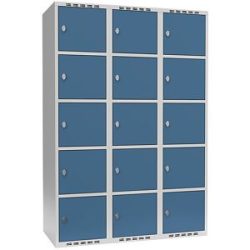 kaiserkraft 5er-Schließfachschrank Fydor, 3 Abteile, lichtgrau / brillantblau, B 1200 mm, 3 Abteile, flache Dachform, Vorhängeschloss