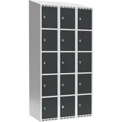 kaiserkraft 5er-Schließfachschrank Fydor, 3 Abteile, lichtgrau / anthrazit, B 900 mm, 3 Abteile, schräge Dachform, Vorhängeschloss