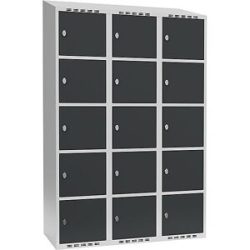 kaiserkraft 5er-Schließfachschrank Fydor, 3 Abteile, lichtgrau / anthrazit, B 1200 mm, 3 Abteile, schräge Dachform, Vorhängeschloss