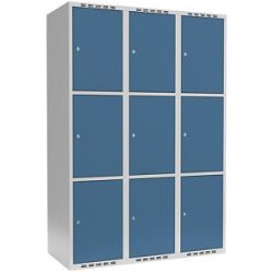 kaiserkraft 3er-Schließfachschrank Fydor, 3 Abteile, lichtgrau / brillantblau, B 1200 mm, 3 Abteile, flache Dachform, Zylinderschloss