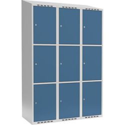 kaiserkraft 3er-Schließfachschrank Fydor, 3 Abteile, lichtgrau / brillantblau, B 1200 mm, 3 Abteile, schräge Dachform, Zylinderschloss