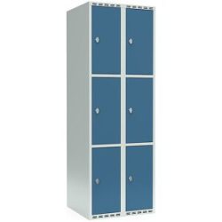 kaiserkraft 3er-Schließfachschrank Fydor, 2 Abteile, lichtgrau / brillantblau, B 600 mm, 2 Abteile, flache Dachform, Vorhängeschloss