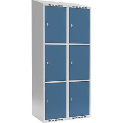 kaiserkraft 3er-Schließfachschrank Fydor, 2 Abteile, lichtgrau / brillantblau, B 800 mm, 2 Abteile, schräge Dachform, Vorhängeschloss