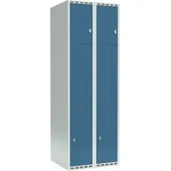 kaiserkraft Z-Spind Fydor, 2 Abteile, lichtgrau / brillantblau, B 600 mm, 2 Abteile, flache Dachform, Vorhängeschloss