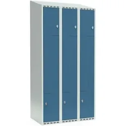 kaiserkraft Z-Spind Fydor, 3 Abteile, lichtgrau / brillantblau, B 900 mm, 3 Abteile, schräge Dachform, Vorhängeschloss