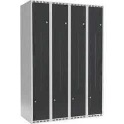 kaiserkraft Z-Spind Fydor, 4 Abteile, lichtgrau / anthrazit, B 1200 mm, 4 Abteile, flache Dachform, Vorhängeschloss