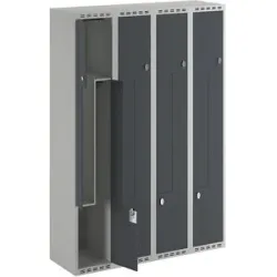 kaiserkraft Z-Spind Fydor, 4 Abteile, lichtgrau / anthrazit, B 1200 mm, 4 Abteile, flache Dachform, Vorhängeschloss