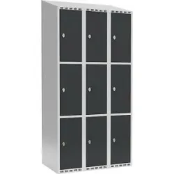 kaiserkraft 3er-Schließfachschrank Fydor, 3 Abteile, lichtgrau / anthrazit, B 900 mm, 3 Abteile, schräge Dachform, Vorhängeschloss