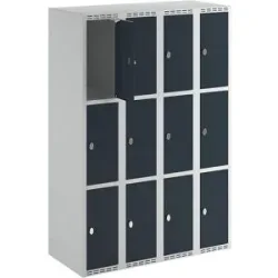 kaiserkraft 3er-Schließfachschrank Fydor, 4 Abteile, lichtgrau / anthrazit, B 1200 mm, 4 Abteile, flache Dachform, Vorhängeschloss