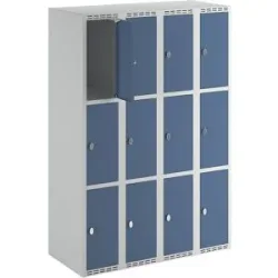 kaiserkraft 3er-Schließfachschrank Fydor, 4 Abteile, lichtgrau / brillantblau, B 1200 mm, 4 Abteile, flache Dachform, Vorhängeschloss