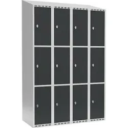 kaiserkraft 3er-Schließfachschrank Fydor, 4 Abteile, lichtgrau / anthrazit, B 1200 mm, 4 Abteile, schräge Dachform, Vorhängeschloss