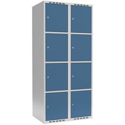 kaiserkraft 4er-Schließfachschrank Fydor, 2 Abteile, lichtgrau / brillantblau, B 800 mm, 2 Abteile, flache Dachform, Zylinderschloss
