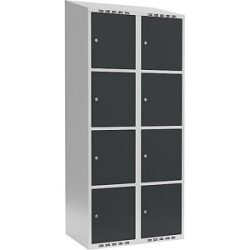 kaiserkraft 4er-Schließfachschrank Fydor, 2 Abteile, lichtgrau / anthrazit, B 800 mm, 2 Abteile, schräge Dachform, Zylinderschloss