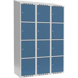 kaiserkraft 4er-Schließfachschrank Fydor, 3 Abteile, lichtgrau / brillantblau, B 1200 mm, 3 Abteile, schräge Dachform, Zylinderschloss