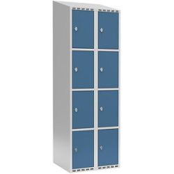 kaiserkraft 4er-Schließfachschrank Fydor, 2 Abteile, lichtgrau / brillantblau, B 600 mm, 2 Abteile, schräge Dachform, Vorhängeschloss