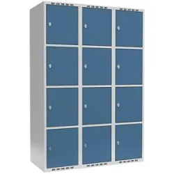 kaiserkraft 4er-Schließfachschrank Fydor, 3 Abteile, lichtgrau / brillantblau, B 1200 mm, 3 Abteile, flache Dachform, Vorhängeschloss