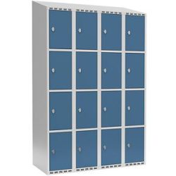 kaiserkraft 4er-Schließfachschrank Fydor, 4 Abteile, lichtgrau / brillantblau, B 1200 mm, 4 Abteile, schräge Dachform, Vorhängeschloss