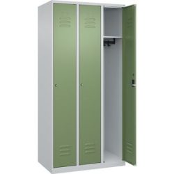 Spind Classic PLUS, 3 Abteile, lichtgrau / resedagrün, B 900 mm, mit Bodengleitern, Zylinderschloss C+P