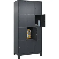 4er-Schließfachschrank Classic PLUS, 3 Abteile, grau, B 900 mm, 12 Fächer, mit Füßen C+P