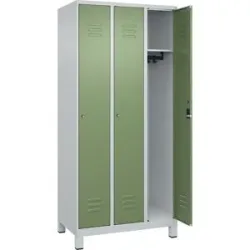 Spind Classic PLUS, 3 Abteile, lichtgrau / resedagrün, B 900 mm, mit Füßen, Zylinderschloss C+P