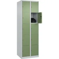 5er-Schließfachschrank Classic PLUS, 2 Abteile, lichtgrau / resedagrün, B 600 mm, 10 Fächer, mit Bodengleitern C+P