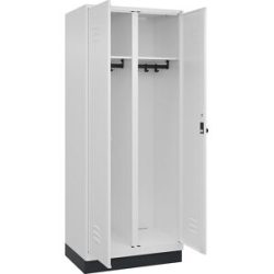 Schwarz-Weiß-Spind Classic PLUS, Trennwand mittig, 1 Abteil, verkehrsweiß, HxB 1950 x 800 mm, mit Bodensockel, Drehriegel C+P