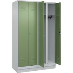 Schwarz-Weiß-Spind Classic PLUS, Trennwand mittig, 2 Abteile, lichtgrau / resedagrün, HxB 1950 x 1200 mm, mit Bodensockel, Zylinderschloss C+P