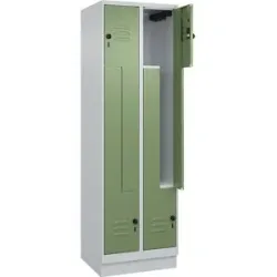 Z-Spind Classic PLUS, 2 Abteile, lichtgrau / resedagrün, B 600 mm, mit Bodensockel, Drehriegel C+P