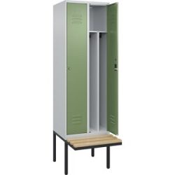 C+P Schwarz-Weiß-Spind Classic PLUS Sitzbank, schmal, 2 Abteile, verkürzte Trennwand mittig, lichtgrau / resedagrün, B 600 mm, Zylinderschloss,