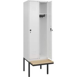 Spind Classic PLUS Sitzbank, 2 Abteile, verkehrsweiß, B 600 mm, Sicherheits-Drehriegel, auskragend, Buche-Hartholz C+P