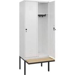 Spind Classic PLUS Sitzbank, 2 Abteile, verkehrsweiß, B 800 mm, Sicherheits-Drehriegel, auskragend, Buche-Hartholz C+P