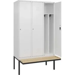 C+P Schwarz-Weiß-Spind Classic PLUS Sitzbank, schmal, 3 Abteile, verkürzte Trennwand mittig, verkehrsweiß, B 1200 mm, Zylinderschloss, auskragend,
