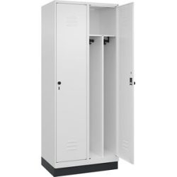 C+P Schwarz-Weiß-Spind Classic PLUS, schmal, 2 Abteile, verkürzte Trennwand mittig, verkehrsweiß, B 800 mm, mit Bodensockel, Drehriegel, Trennwand mittig